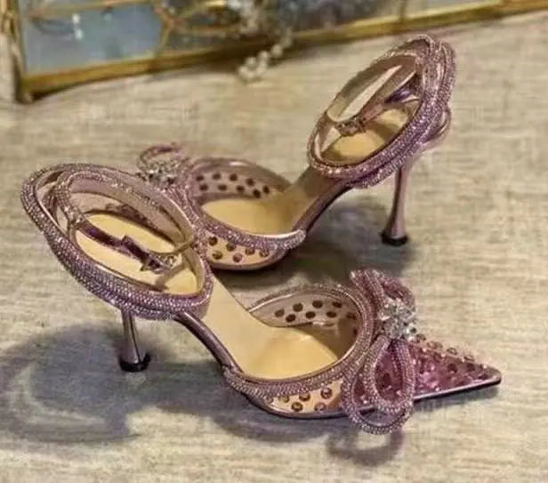 Crystal Butterfly Knot Ankle Strap Women's Pointed Toe Mule Slipper Sandal Pumps