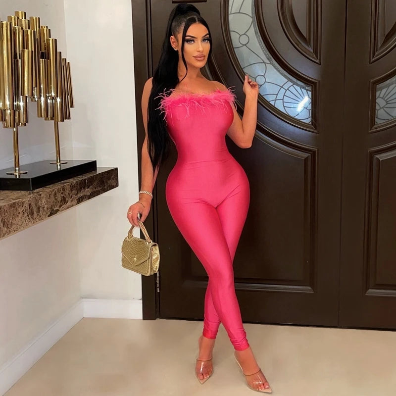 Feather Trim Solid Color Sleeveless Bodycon Bandage Tube Skinny  Women's Jumpsuit