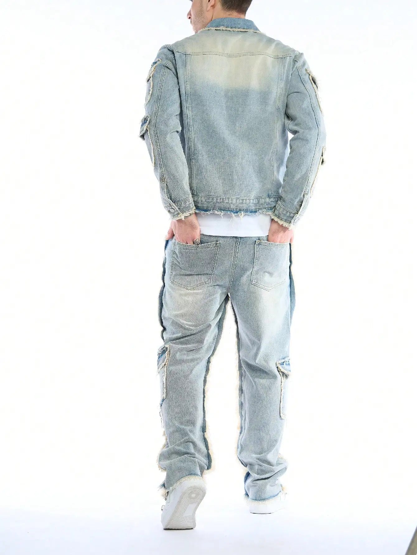 Men's Washed Denim Ripped Faded Light Blue Fringe Hem Multi-Pocketed Hip-Hop Cargo Jeans 2-Piece Set (Jean Jacket + Stacked Jeans)