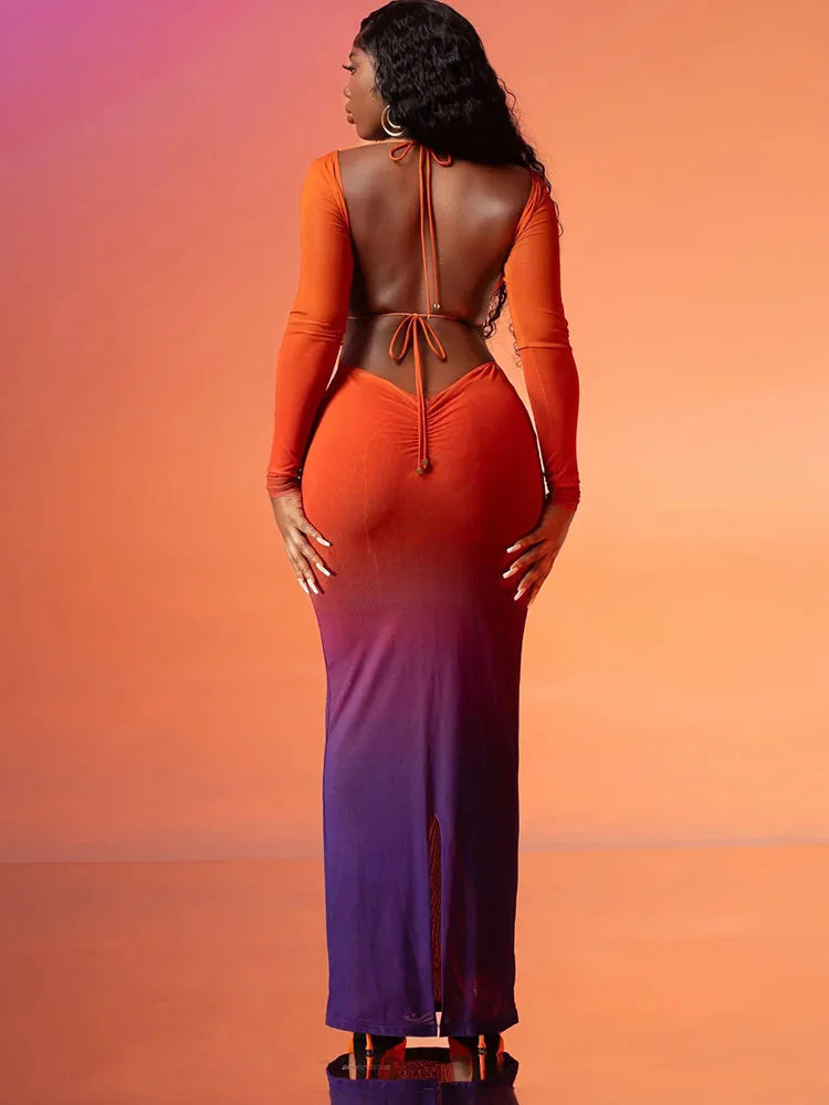 Gradient Long Sleeve V-Neck Hollow-Out Backless Mesh Bodycon Maxi Dress