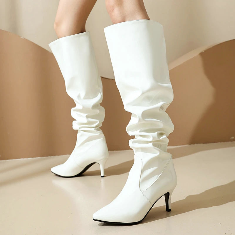 Ruched Metallic Mirror Pleated Patent Leather Pointed Toe Spike Heel Knee-High Boots