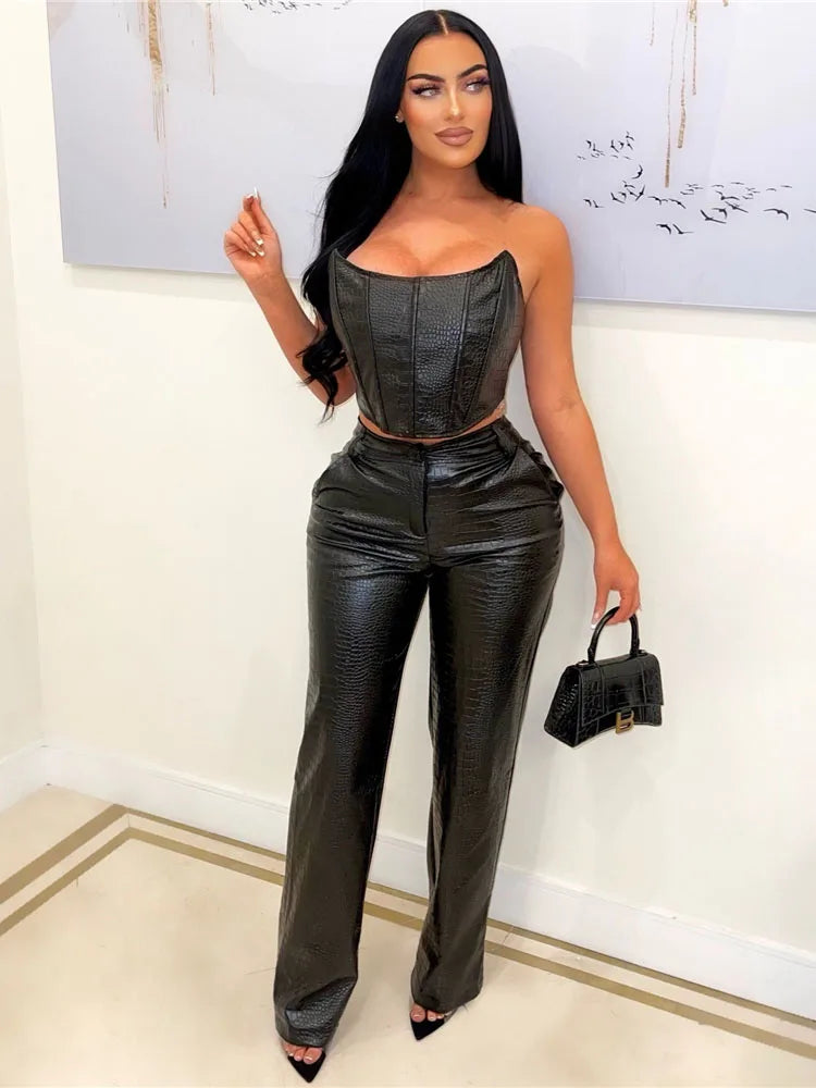 Sleeveless Croc Pattern Corset Tube Top + Cargo Pants Women's 2-Piece Set