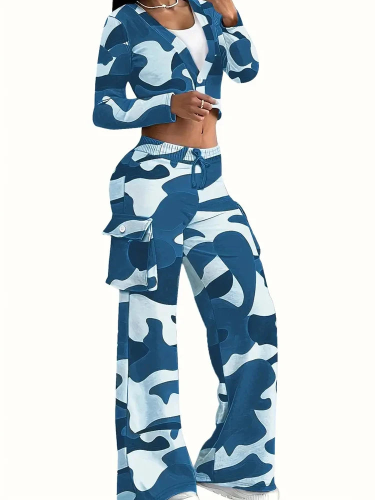 Colored Camoflauge Print Cropped Button-Up Jacket & Cargo Pocketed Elastic Waist Wide Leg Sweatpants Women's Tracksuit