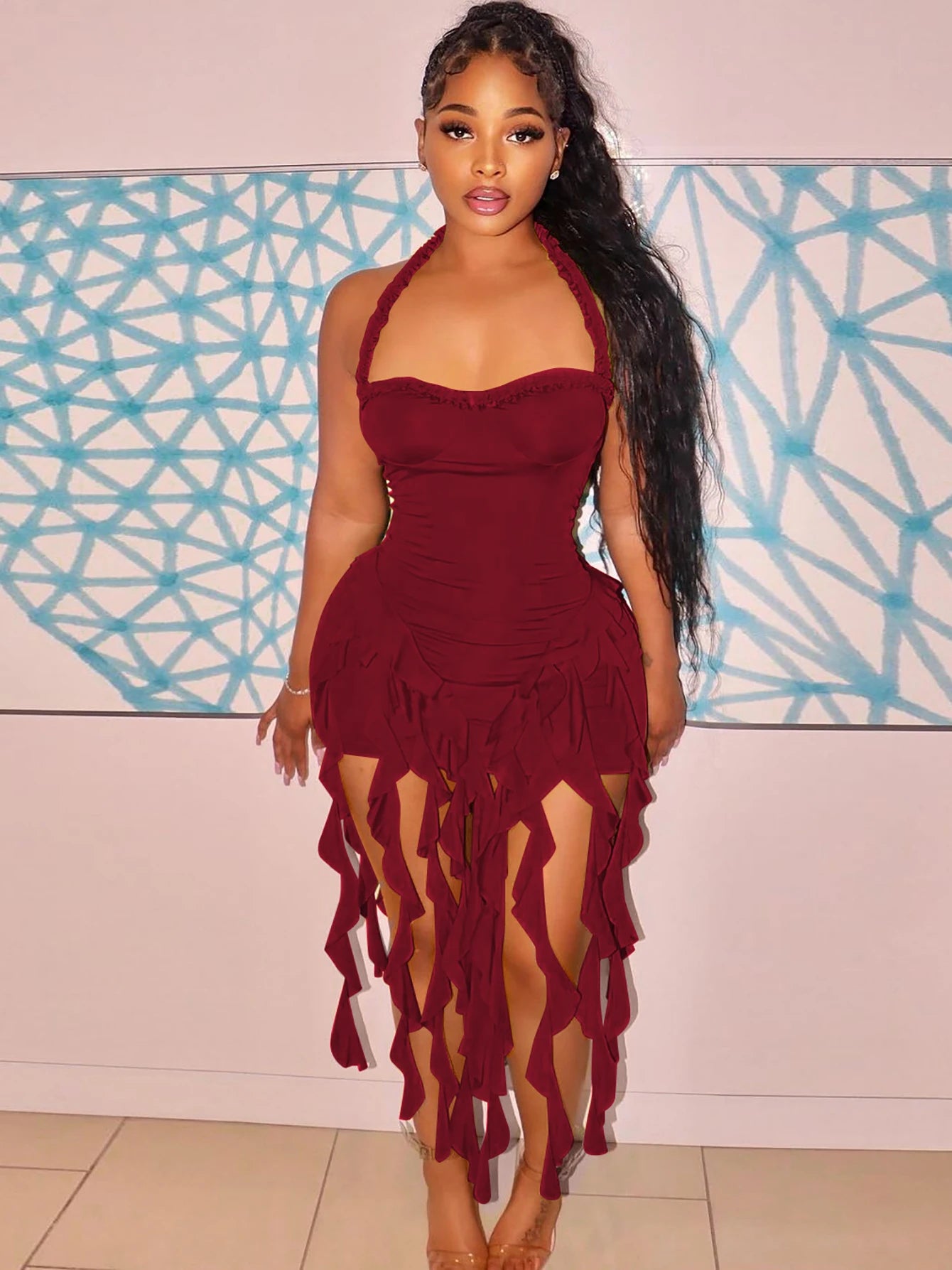 Sleeveless Hanging Tassel Fringe Design Solid Color Tube Dress