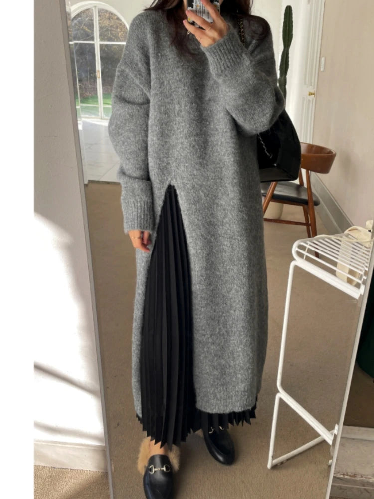 Oversized Wool Solid Knitted Long Sleeve Maxi Sweater Dress