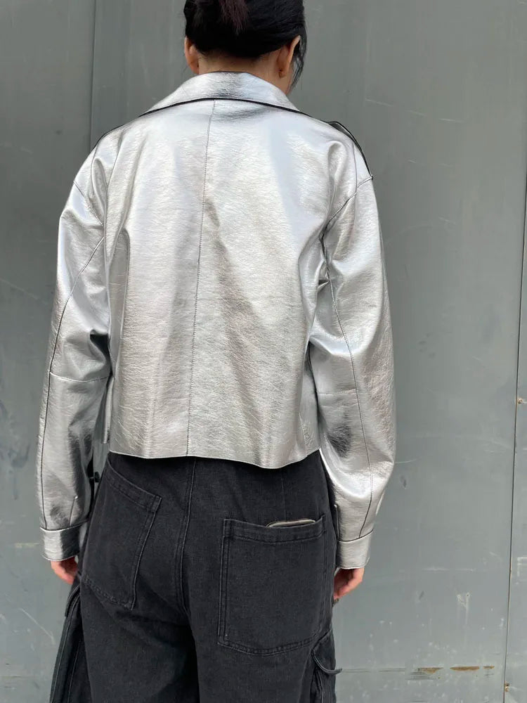 Silver/Gold Metallic Puff Sleeve Oversized Women's Loose PU Leather Streetwear Motorcycle/Biker Jacket