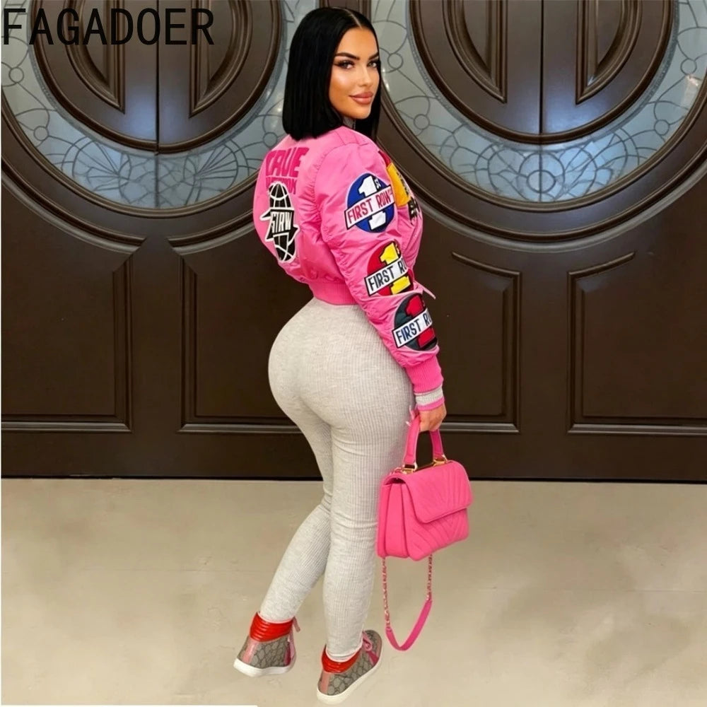 Varsity Patchwork Letter Print Long Sleeve Women's Crop Jacket
