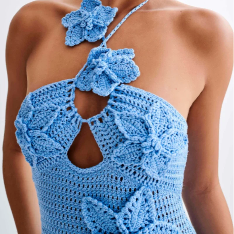 Crochet Sleeveless Knitted Flower/Star Design Spaghetti Strap Hollow-Out Halter Maxi Sweater Dress