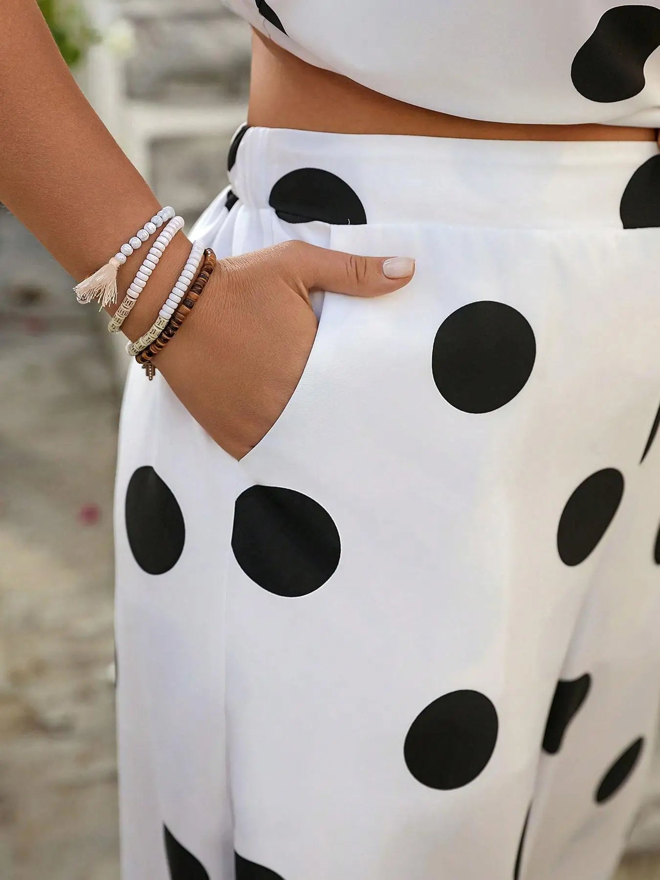 【Plus Size】 Two-Piece Set Polka Dot Print Top & Wide Leg Pants Set, Casual Fashion Cozy Top & Trousers for Daily Outdoor Wear, W