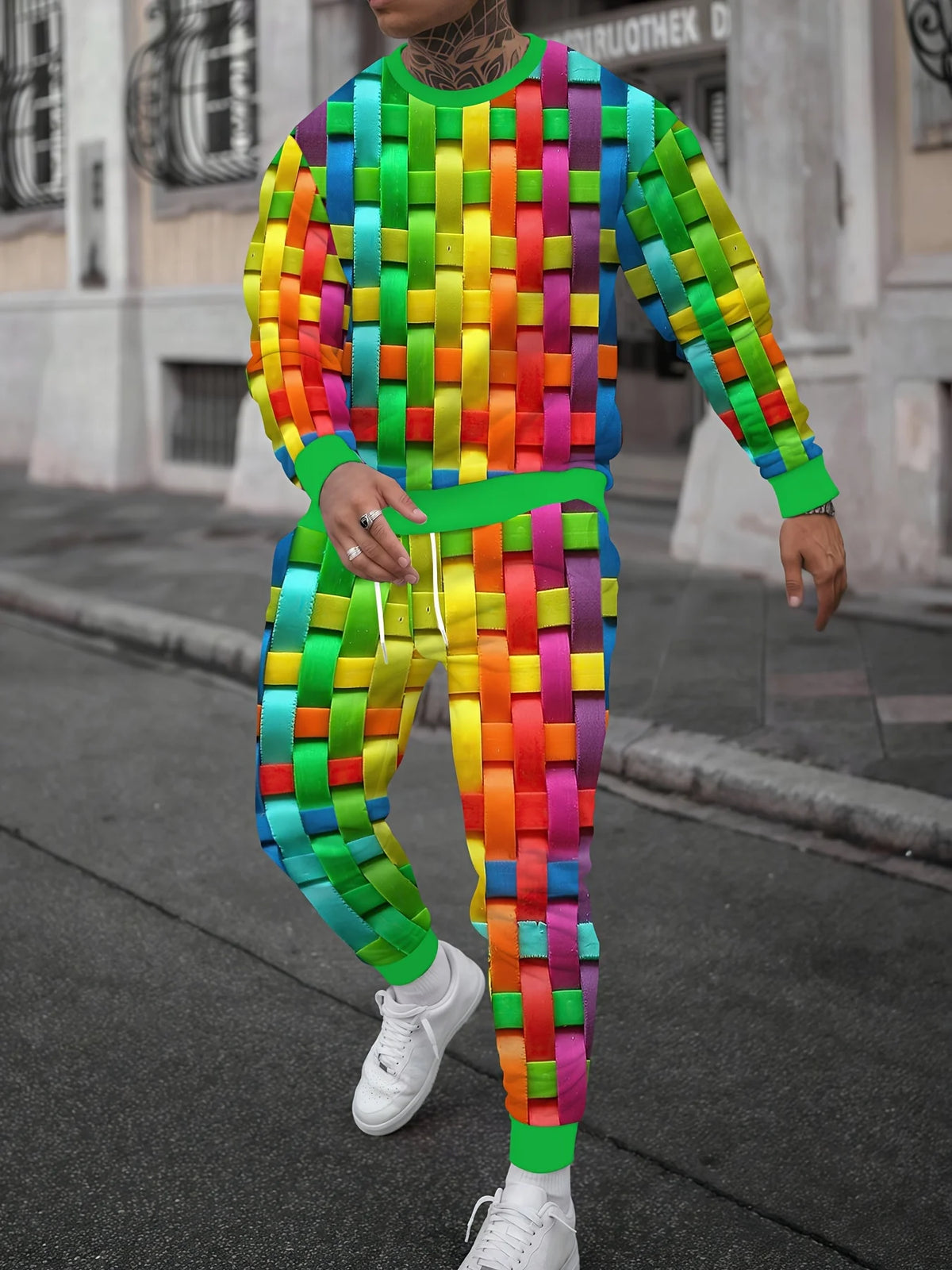 Men's Hip-Hop Rainbow/Gradient/Colorblock/Plaid Checker Print Long Sleeve T-Shirt + Pants Sportswear 2-Piece Set