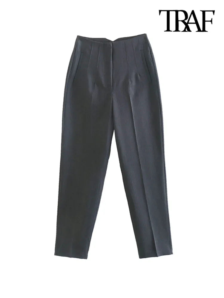 Vintage High Waist Zipper Fly Women's Ankle Trouser Office Pants