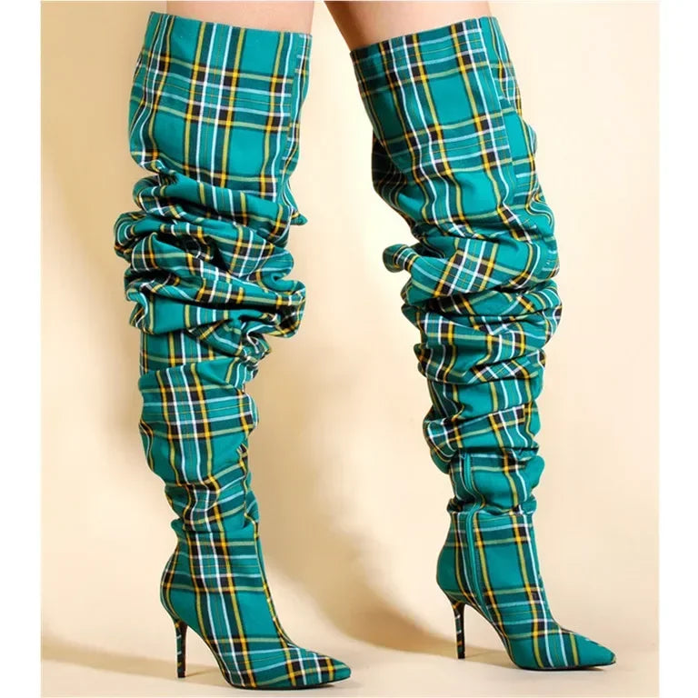 Plaid Pleated Red/Green Checker Block Print Fabric Knee-High Women's Sleeve Boots