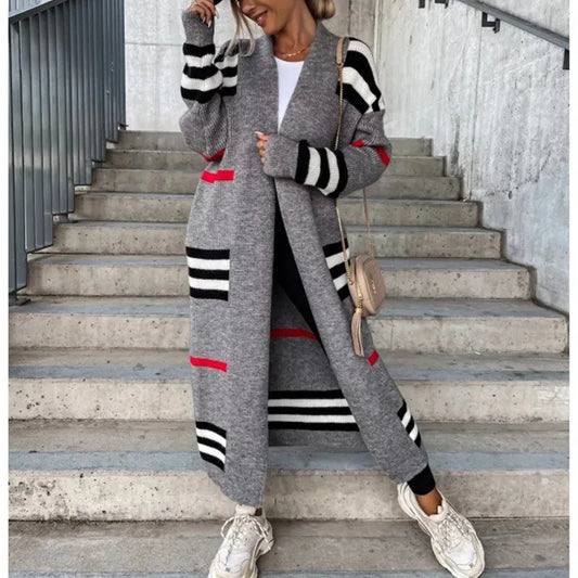 Oversized Colorblock Striped Women's Knitted Patchwork Maxi Sweater