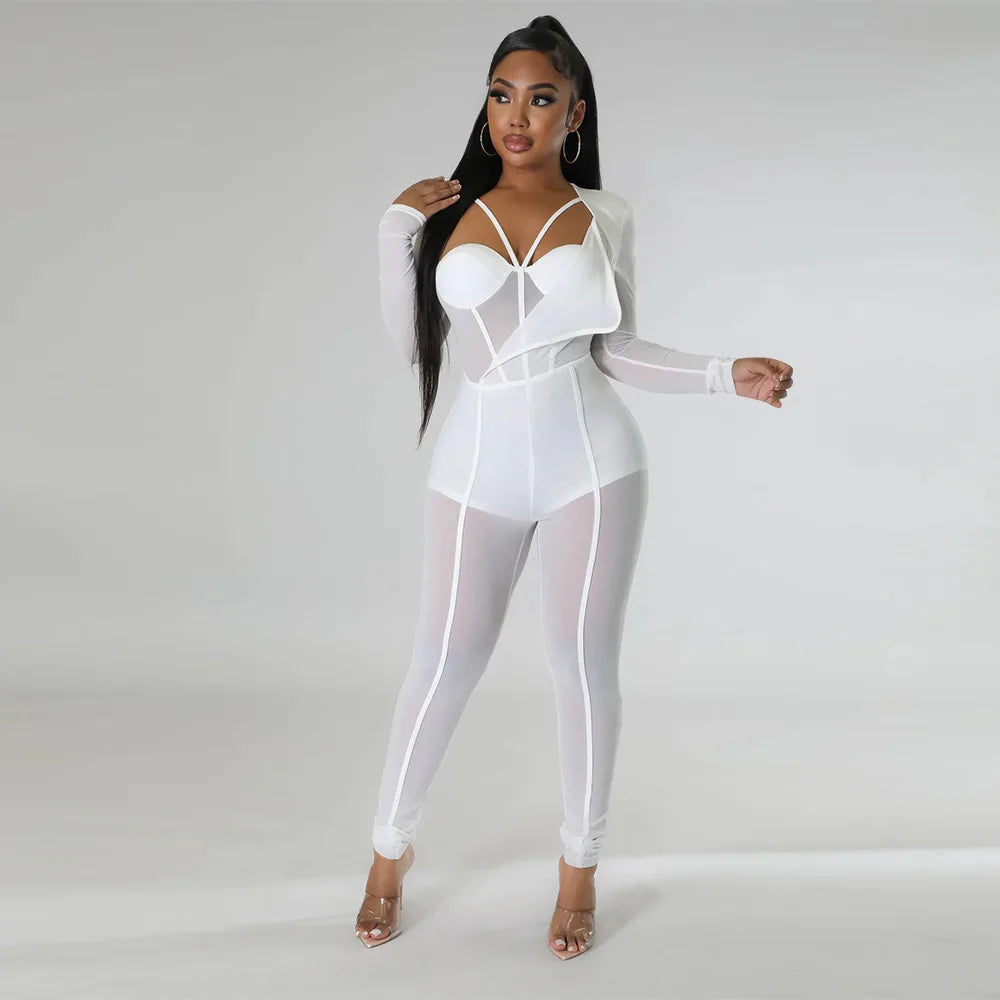 Sheer Transparent Corset Design Long Sleeve V-Neck Solid Color High Waist Jumpsuit