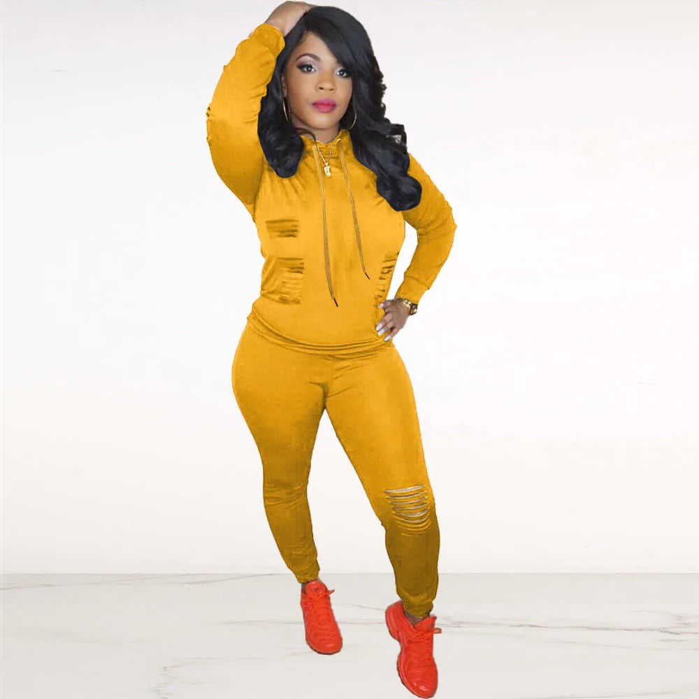 Drawstring Ripped Hollow-Out Women's Solid Color Hoodie Sweatshirt & Ripped Skinny Jogger Sweatpants Tracksuit
