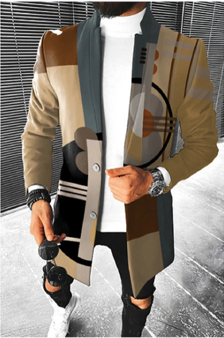 Men's Stand Collar Colorblock/Plaid/Geometric/African 3D Print 3/4 Length Button-Up Jacket 5X Big & Tall