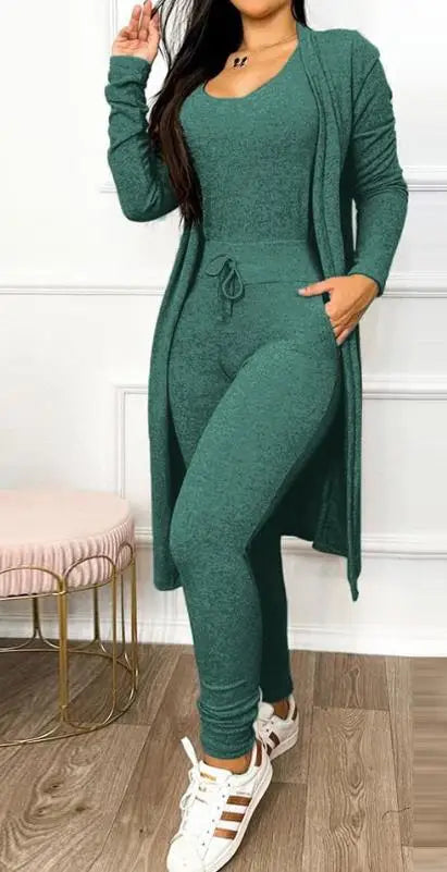 Solid Maxi Cardigan Sweater + Drawstring Pocket Design U-Neck Sleeveless Skinny Jumpsuit 2-Piece Set