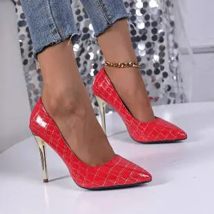 Croc Pattern Pointed Toe Gold Metal Thin Stiletto Heel Women's Pumps