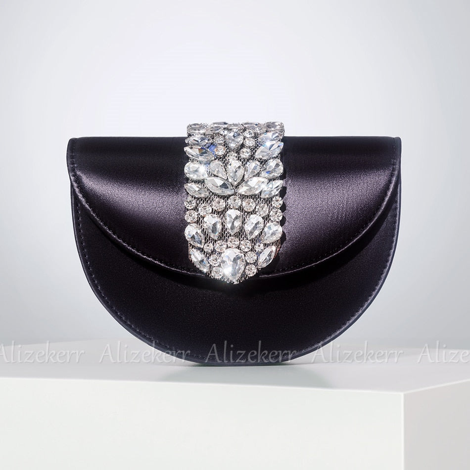 Satin Rhinestone Half Round Metal Ring Clutch Purse