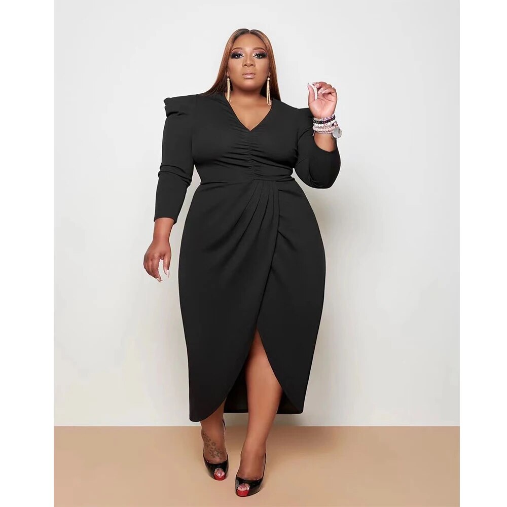 Plus Size Long Sleeve Deep V-Neck Bodycon Wrap w/ Front Slit Dress to 5X