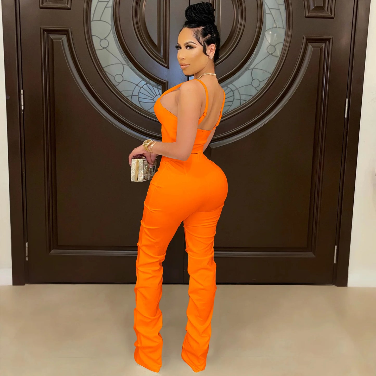 Corset Top Hollow-Out Zipper Front Cropped Tank Top + Stacked Zipper Front Pants Women's 2-Piece Set