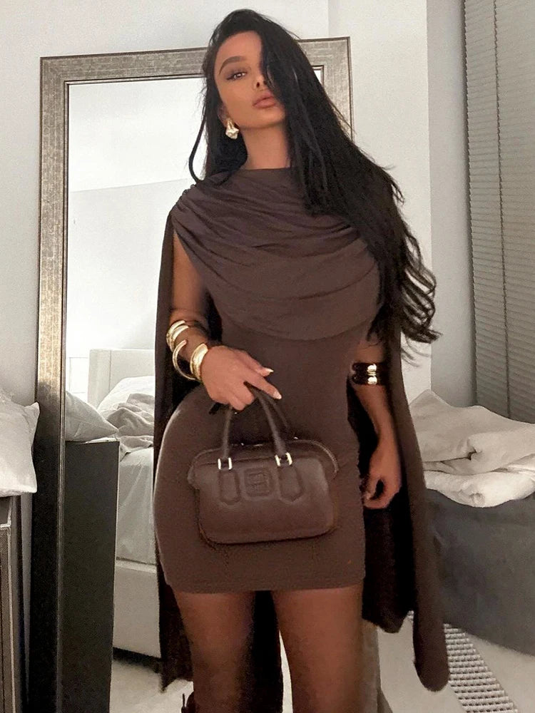 Brown Ruched Oversized Shawl Train Design Patchwork O-Neck Sleeveless Mini Bodycon Party Dress