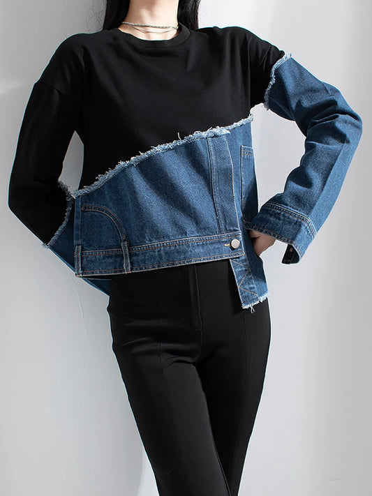 Denim Patchwork Colorblock Round Neck Long Sleeve Ladies Sweatshirt