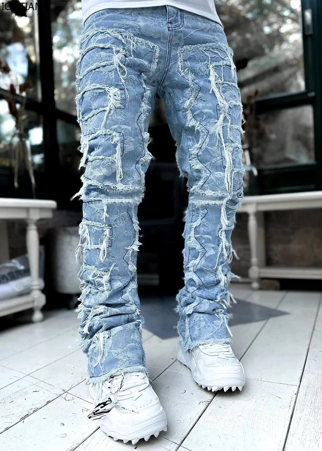 Men's Denim Fringe Ripped Hip-Hop Stretch Stacked Elastic Waist Straight Patchwork Jeans