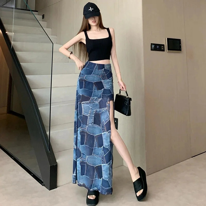 Colorblock Plaid Faux Denim Print High Slit A-Line Maxi Skirt