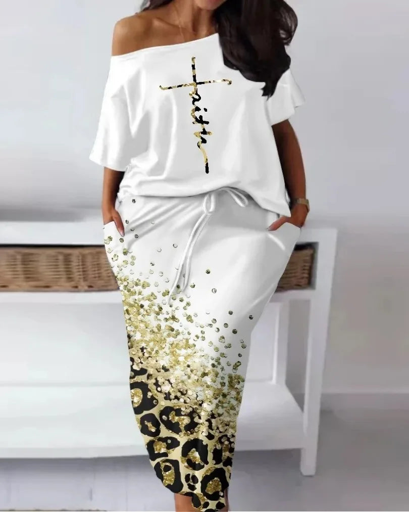 "FAITH" Off Shoulder 1/2 Short Sleeve Ladies Top + Matching Maxi Skirt 2-Piece Set