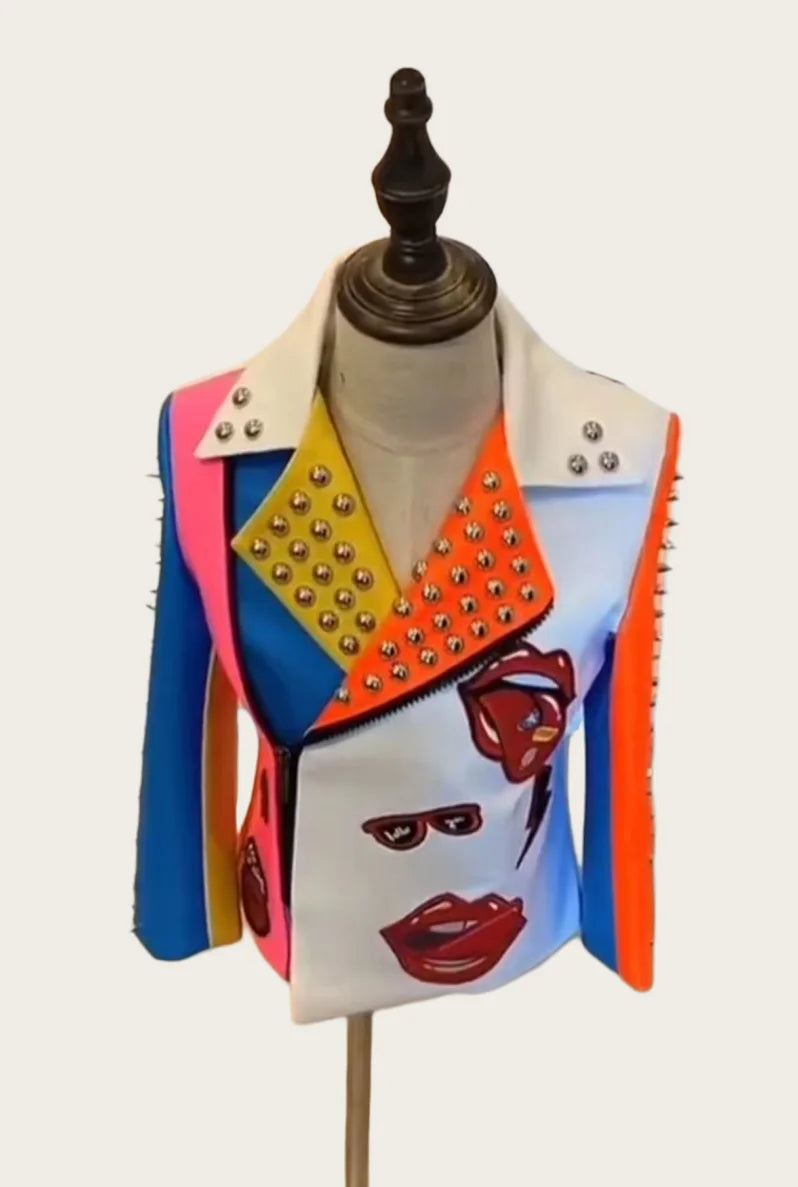 Rivet Stud Spike Colorblock PU Leather Face Print Biker Women's Jacket to 3X Plus Size