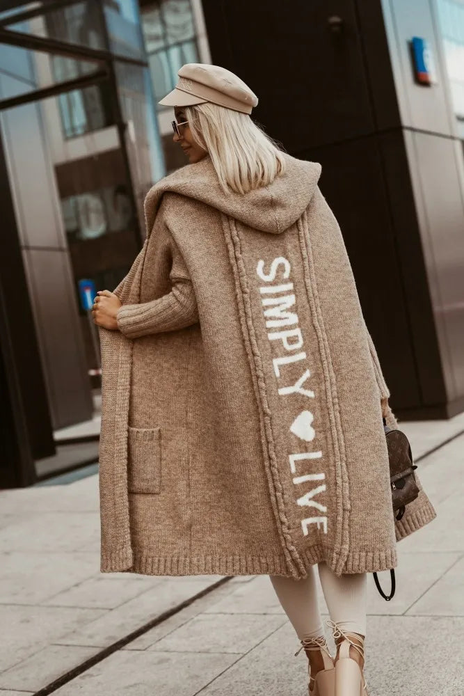 "Simply Live" Letter Heart Print Knitted Maxi Cardigan Hoodie Sweater