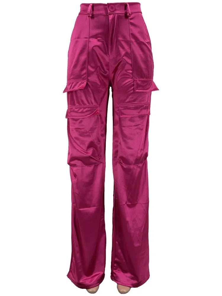 Satin Pocketed Cargo High Waist Button Fly Women's Cargo Pants