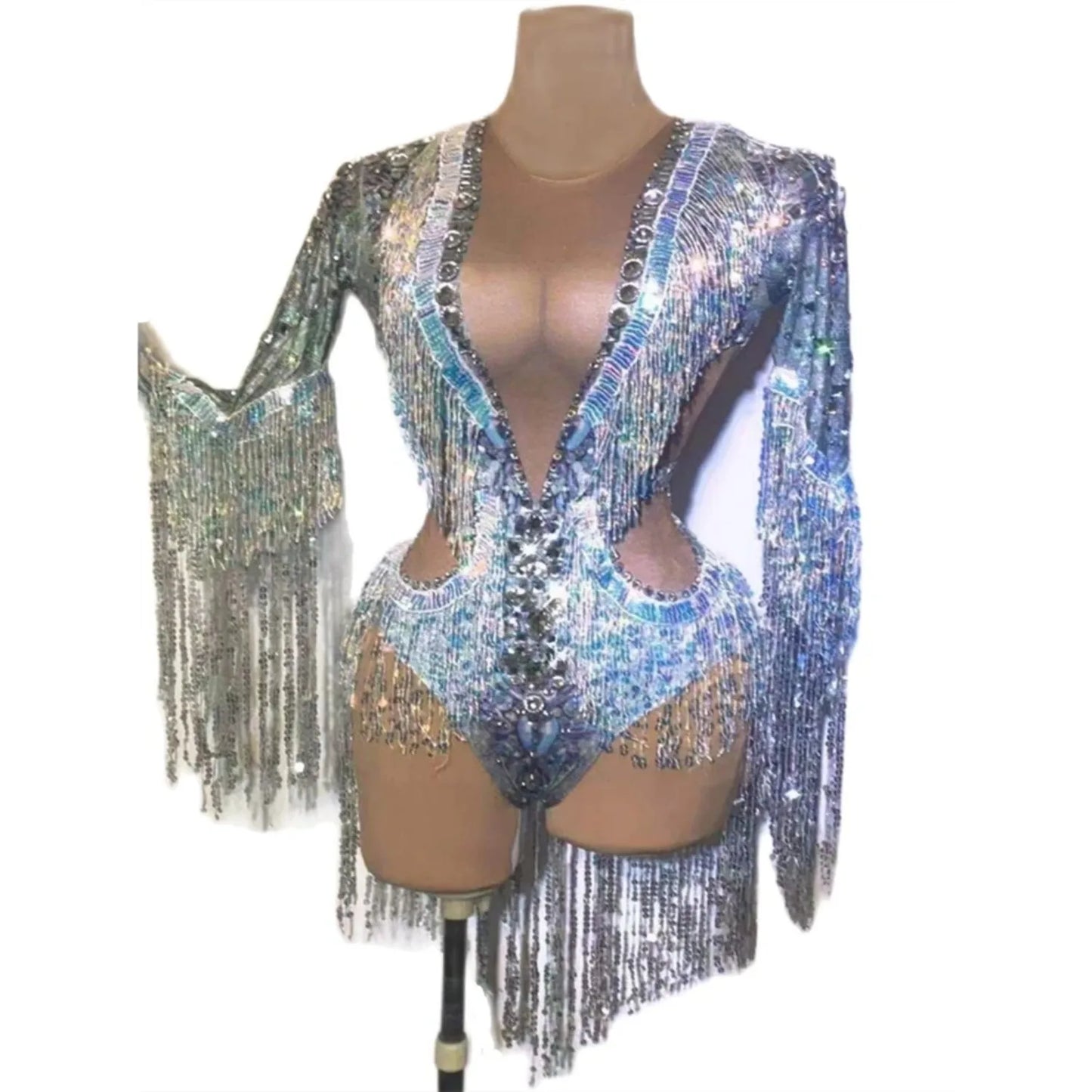 Shiny Crystal Rhinestone Long Tassel Sleeve Women's Deep V-Neck Bodysuits
