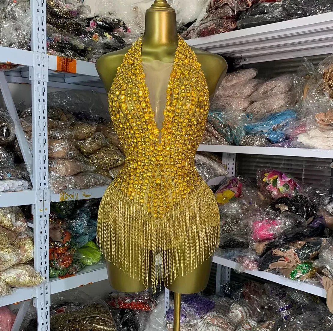 Sparkling Gold Rhinestone Sleeveless Tassel Fringe Design V-Neck Formal Women's Stage Performance Romper
