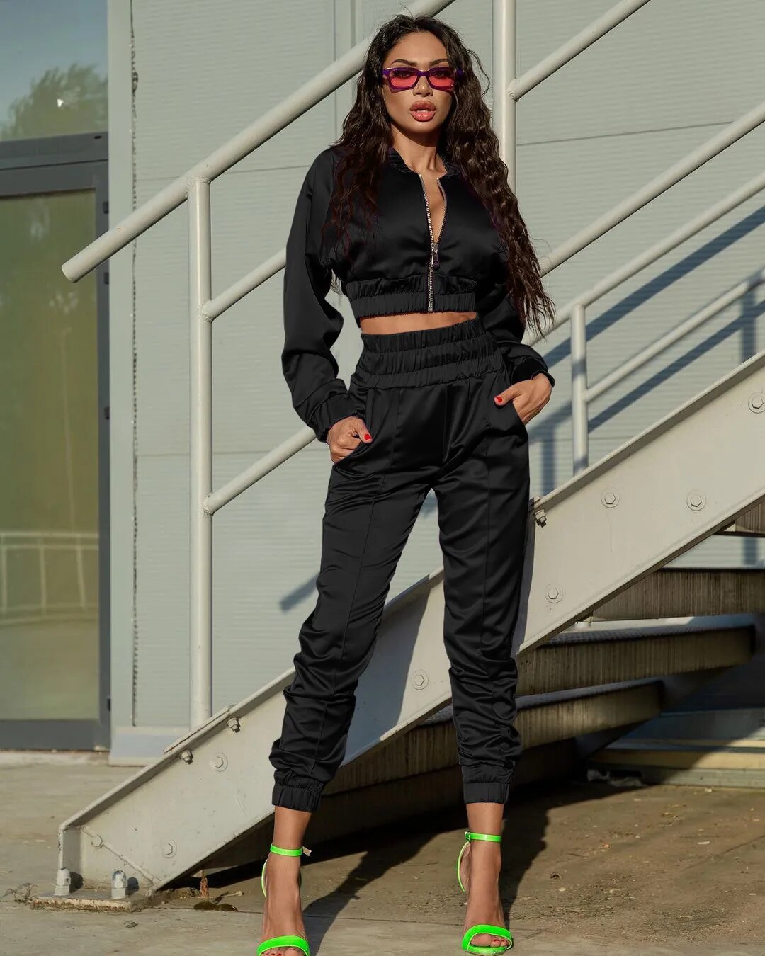 Shiny Solid Cropped Zipper Jacket + Harem Pants Ladies Tracksuit