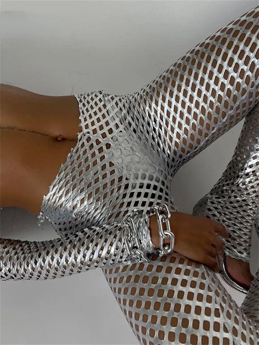 Silver Metallic Hollow-Out Hole Pattern Long Sleeve Crop Top + Streetwear Skinny Elastic Waist Pants 2-Piece Set