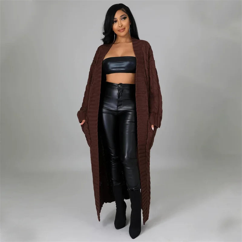 Knitted Weave Pattern Ribbed Maxi Cardigan Sweater