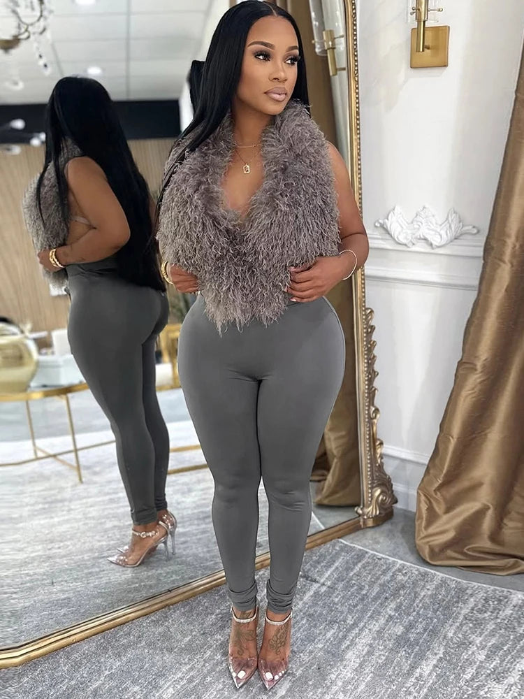 Sleeveless Faux Fur Tassel Lace-Up Halter Women's V-Neck Backless Vest + Elastic Leggings 2-Piece Set