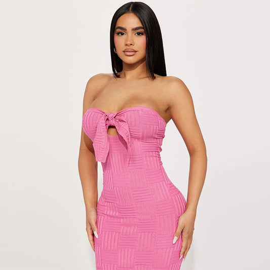 Bowtie Detail Ribbed Solid Color Tube Bodycon Beach Maxi Dress