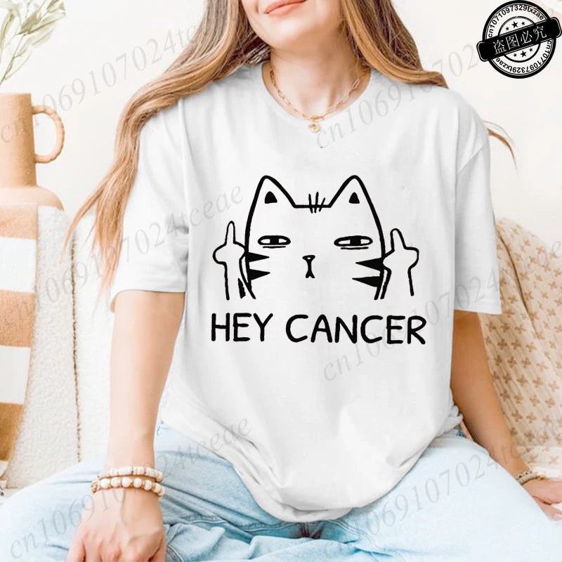 "Hey Cancer" 3D Cat Print Breast Cancer Awareness T-Shirt to 3X Plus Size