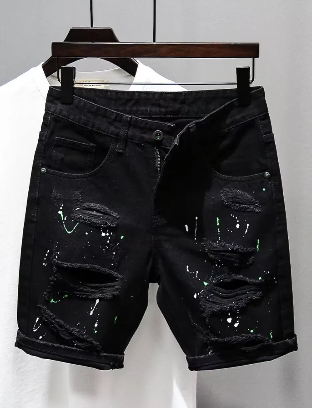 Men's Y2K Denim Streetwear Ripped Dotted Glitter Ink Designer Distressed Jean Shorts