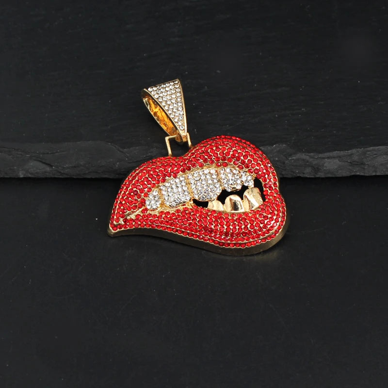 Red Bite Lip Pendant Crystal Iced Out Hip-Hop Cuban Link Chain Necklace