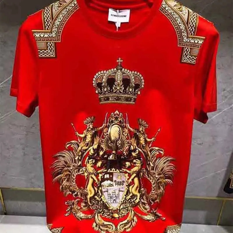 Men's Designer Baroque Gold Metallic Crown Print O-Neck Short Sleeve T-Shirt