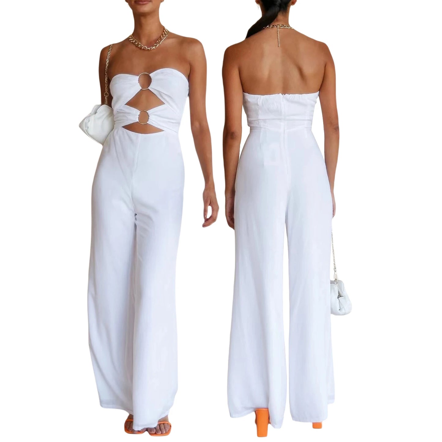 Sleeveless Strapless Solid Color Backless Metal Ring Linked Wide Leg Tube Jumpsuit