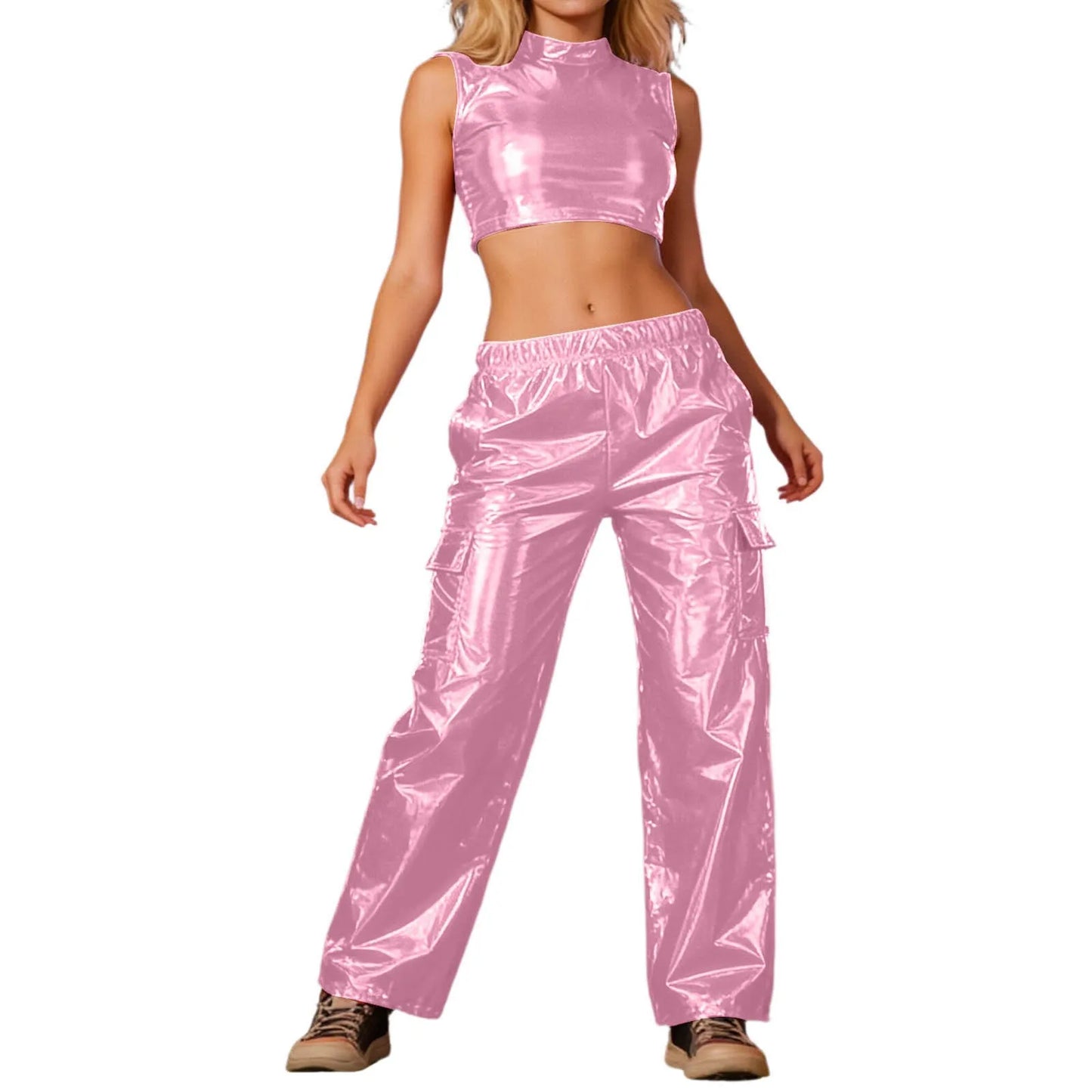 Faux Leather Metallic Solid Color Holographic Crop Vest Top + Elastic Waist Cargo Pants Women's 2-Piece Set