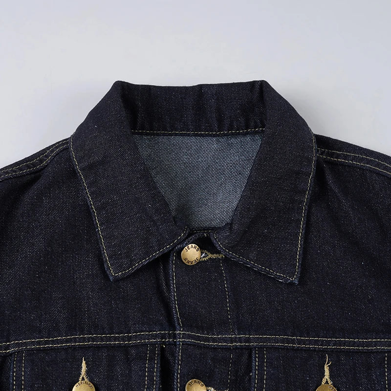 Denim Dark Blue Gold Button Detail Long Sleeve Turn-Down Collar Solid Color Women's Jean Jacket