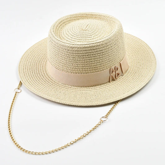 Straw Gold Chain Women's Ribbon Decor Fedora Hat