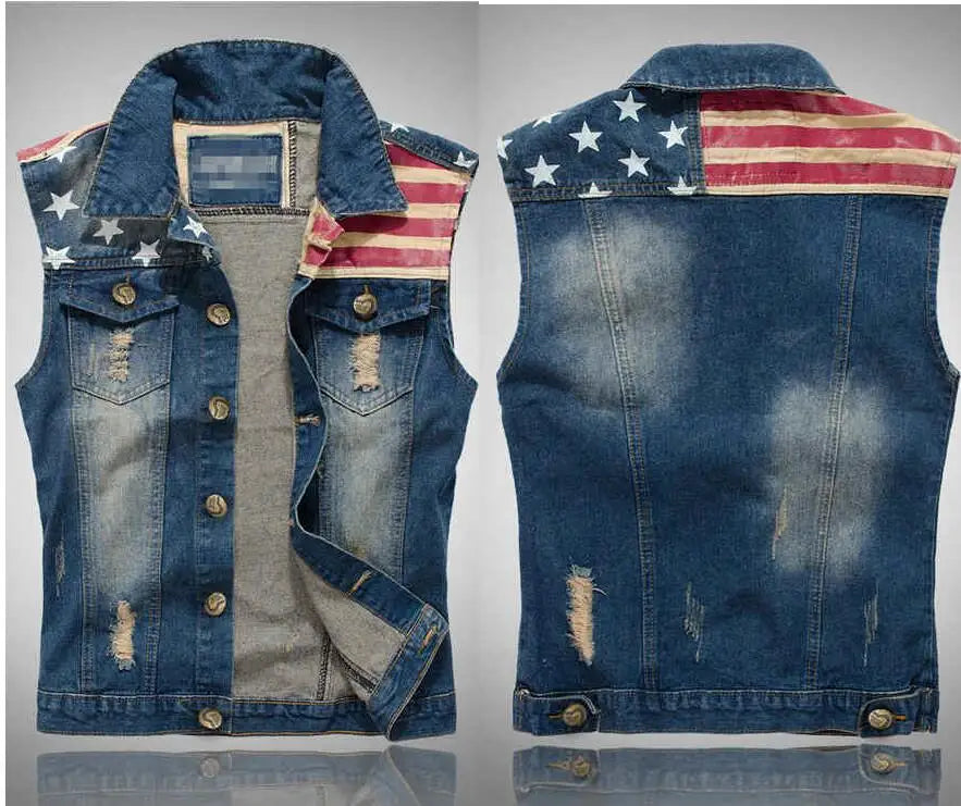 Men Sleeveless Ripped Denim Cowboy Multiple Colors Jean Vests