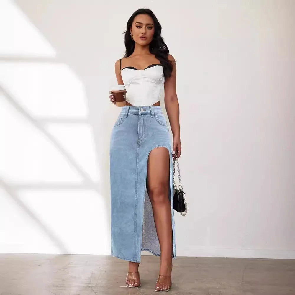 Denim High Slit Low Waist Distressed Bodycon Wrapped Long Jean Maxi Streetwear Skirt